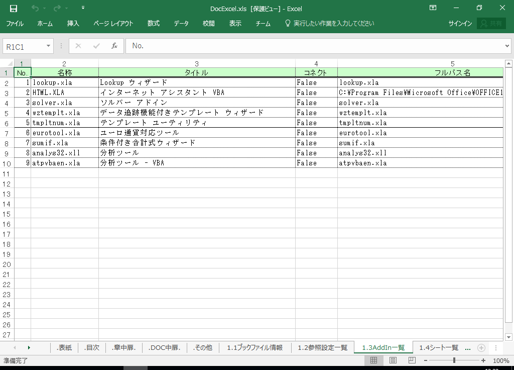 Excel2021 仕様書 作成 ツール【A HotDocument】(Excel2021対応 仕様書)
1.3 AddIn一覧